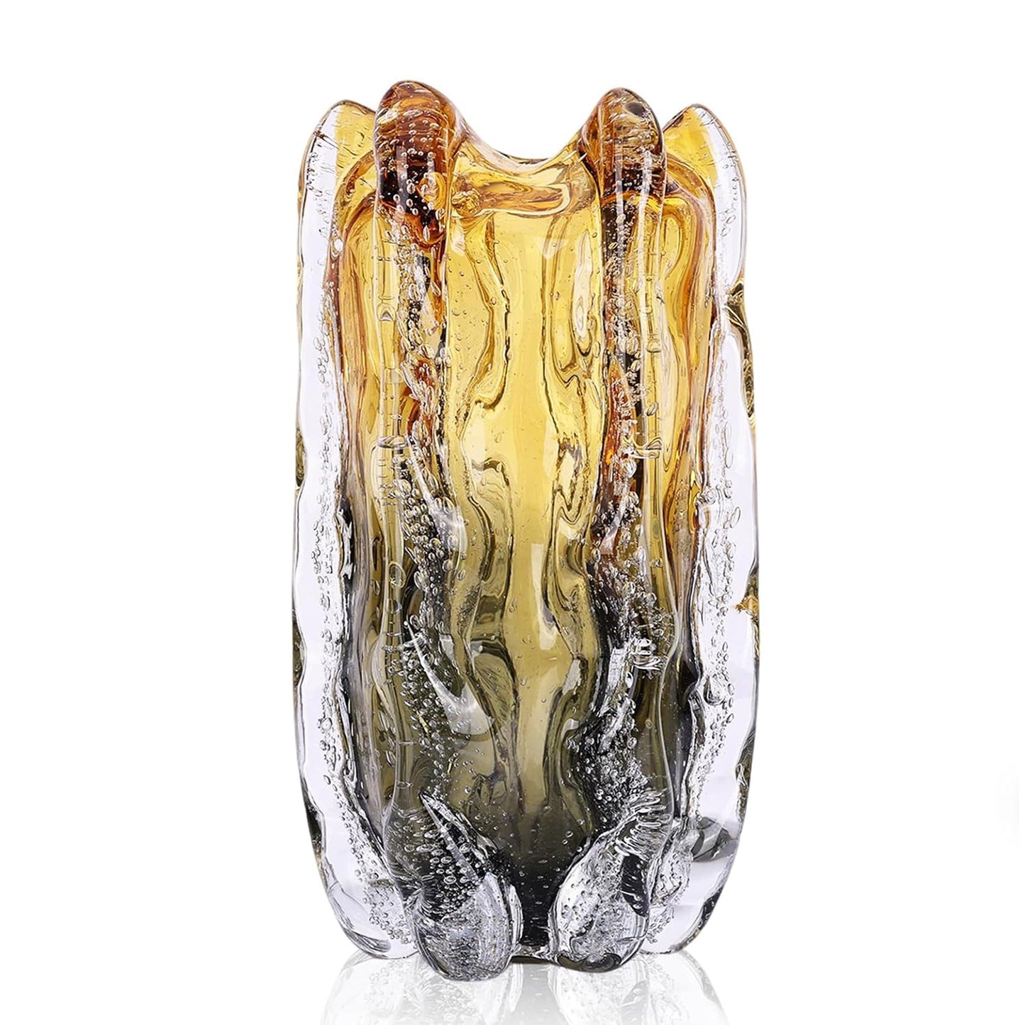 Blown Glass Bubble with Ruffled Edge Vase, Art Glass for Home Decor, Tall Vases for Centerpieces & Flowers, Crystal-Like for Bouquets & Pampas Grass, Vases Amber, Flower Bouquet Display (Yellow, L)