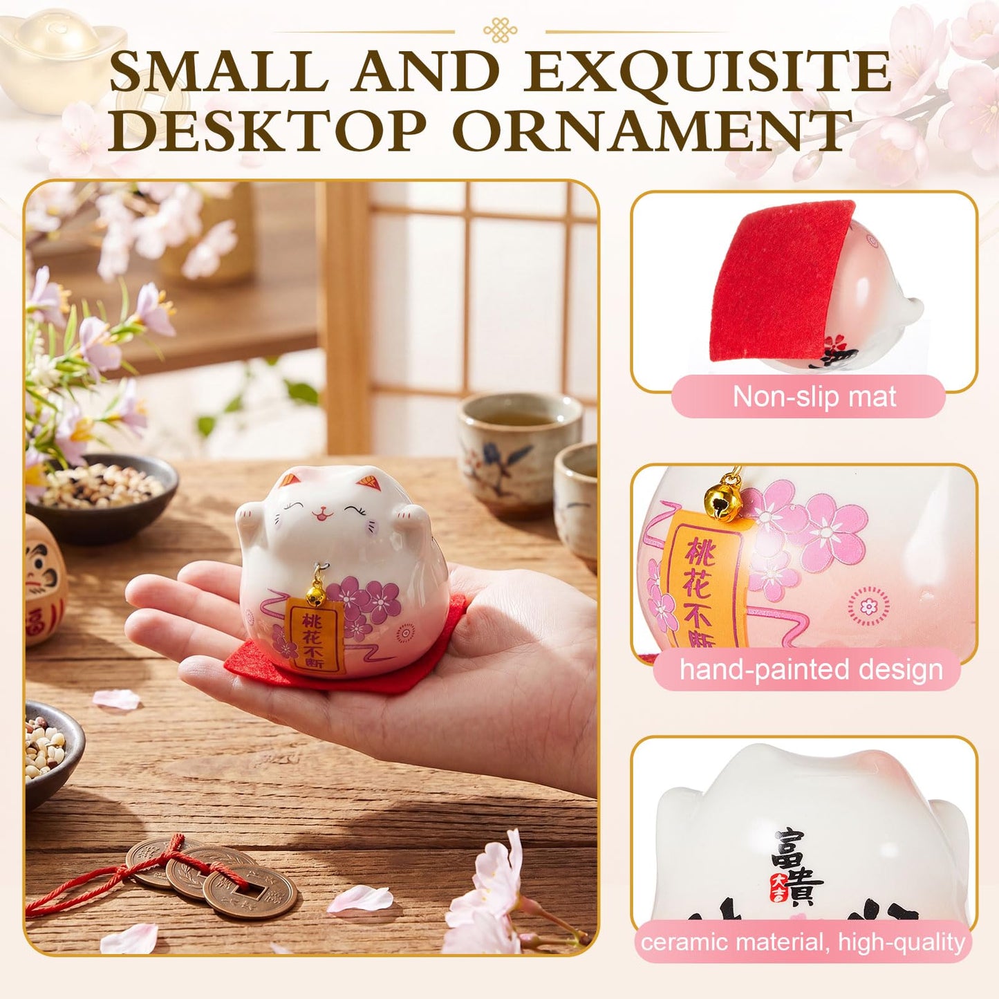 Chunful 2 Pcs Maneki Neko Lucky Cat Figurines, Mini Ceramic Fortune Cats for Wealth & Love, Japanese Feng Shui Decor with Non-Slip Base, Cute Desk Ornament & Gift for Home Office, Car Dashboard