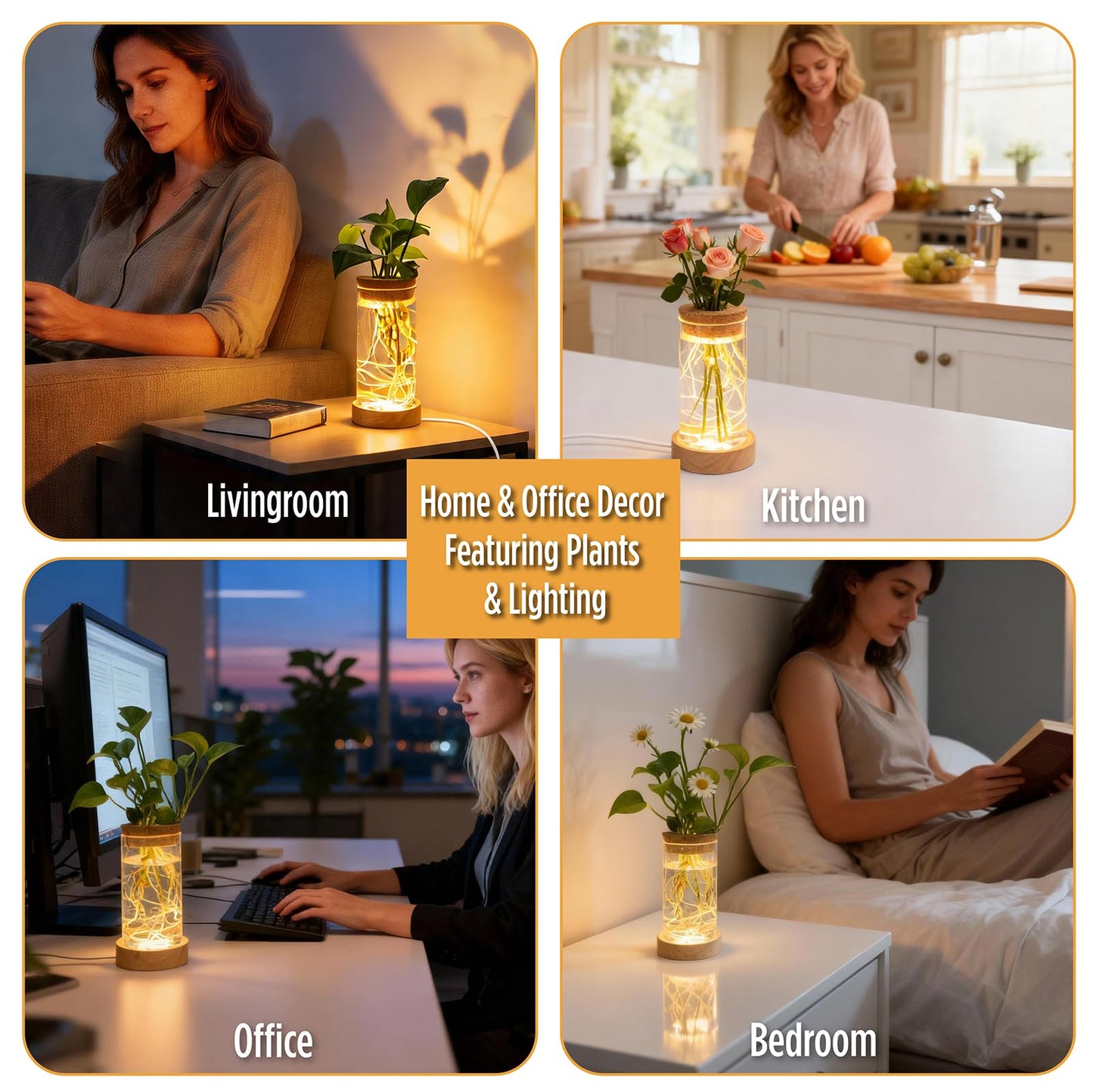 Plant Propagation Station with Light, Glass Planter Station with Waterproof Adjustable LED Lighted Wooden Base, Desktop Hydroponic Plants Terrarium Vases Jars for Home & Office Decor