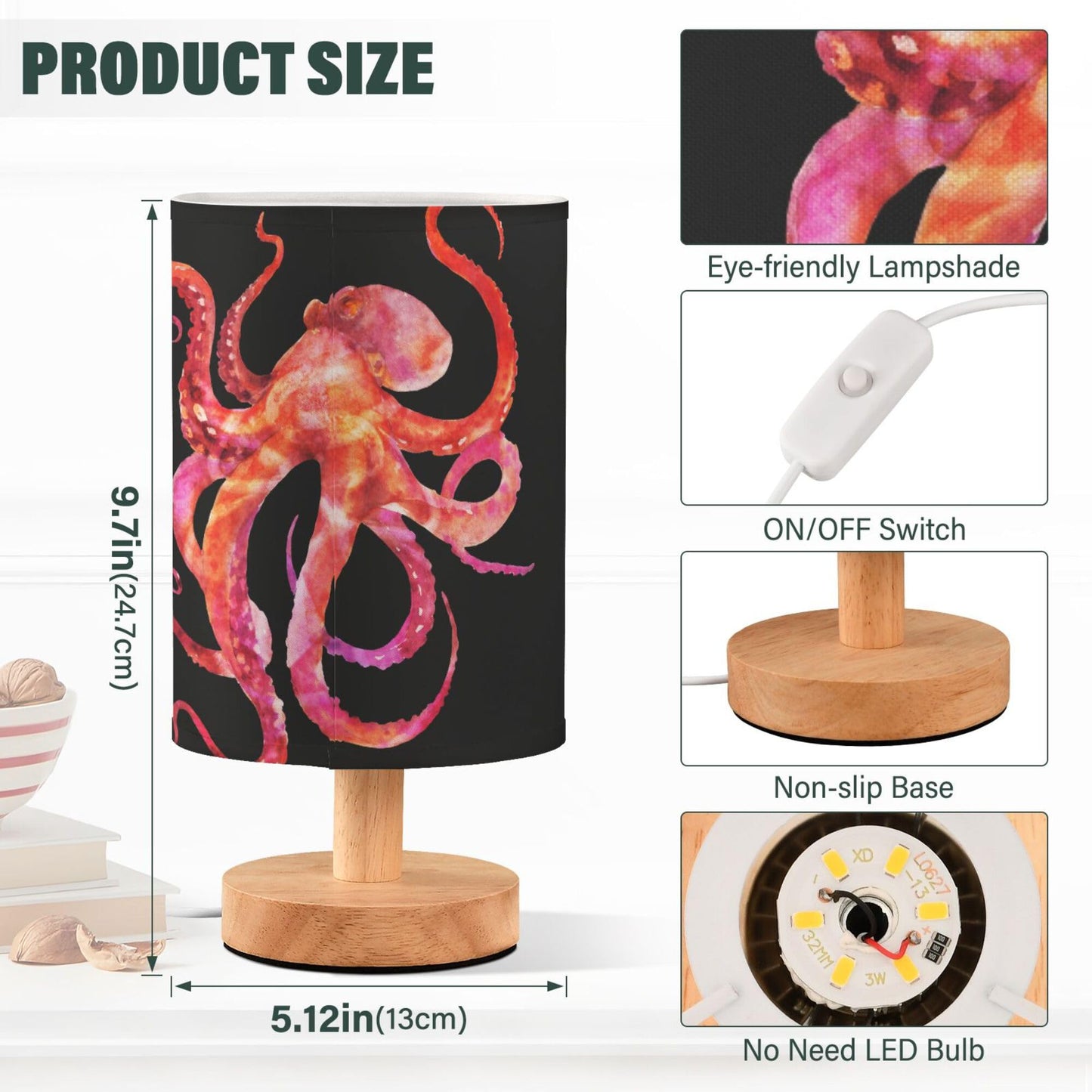 YYZZH Watercolor Red Pink Octopus with Tentacle Marine Animal Sea Life Table Lamp with Wood Base Fabric Lamp Shade Bedside Nightstand Desk Lamp for Living Room Bedroom Kids Room Office