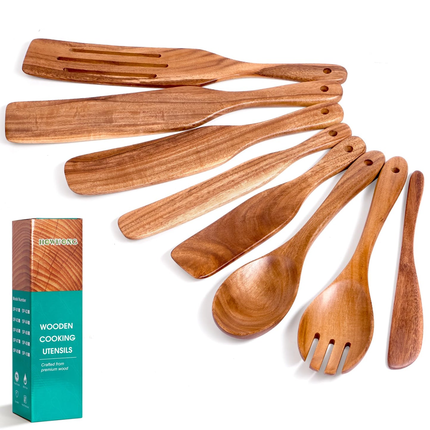 HOWHONG Wooden Spatula Spurtle Set for Cooking, Acacia Wood Kitchen Utensils, Premium Handmade Spurtles for Nonstick Cookware, Heat Resistant, Smooth Finish, Comfortable Grip, 8 Piece