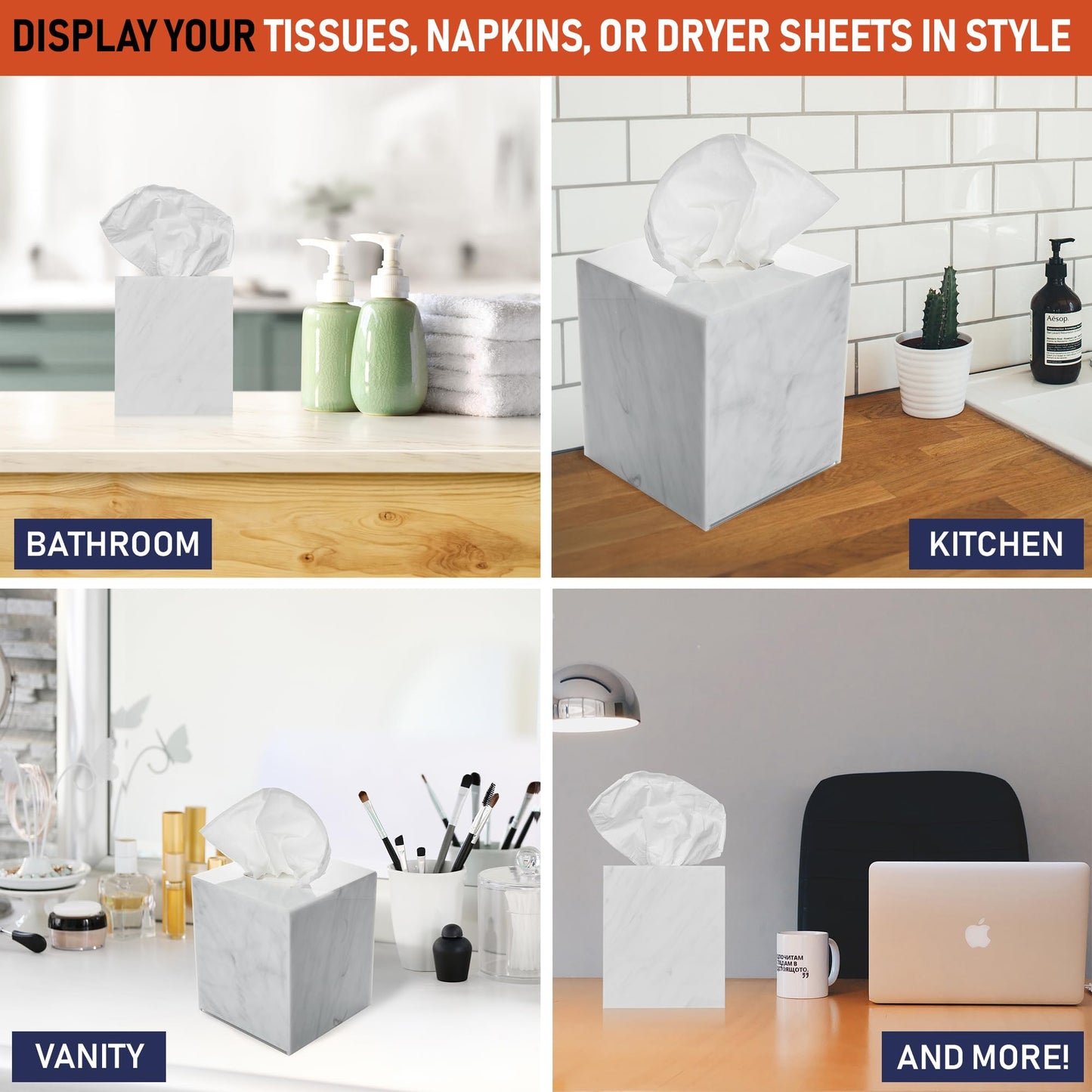Acrylic Tissue Box Holder, Square Dispenser for Facial Tissues, Napkins, and Dryer Sheets. Perfect for Bathrooms, Desks, Countertops, Vanities, Bedrooms, and Nightstands (Square, Marble)