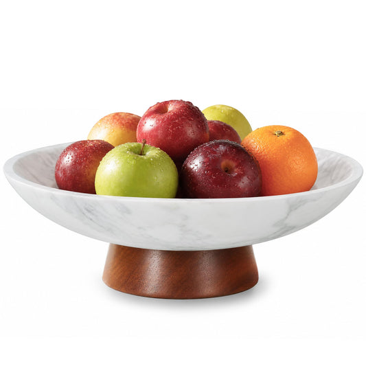RGBDOT Marble Decorative Bowl, 11” Large Centerpiece for Table, Fruit Bowl for Kitchen Counter, Coffee Table or Entryway Decor, Natural Marble with Wood Base, Housewarming Gift - White