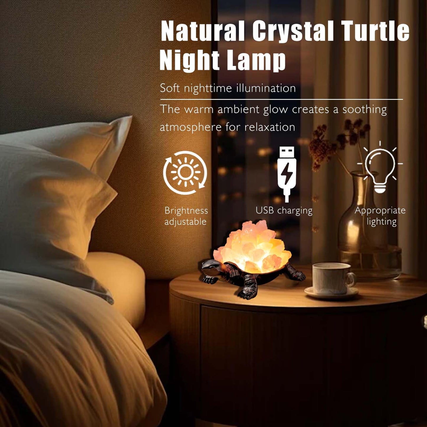 Runyangshi Natural Rose Quartz Turtle Night Lamp Healing Crystal Bedroom Bedside Table Lamp USB Port Home Decor Women Men Gift