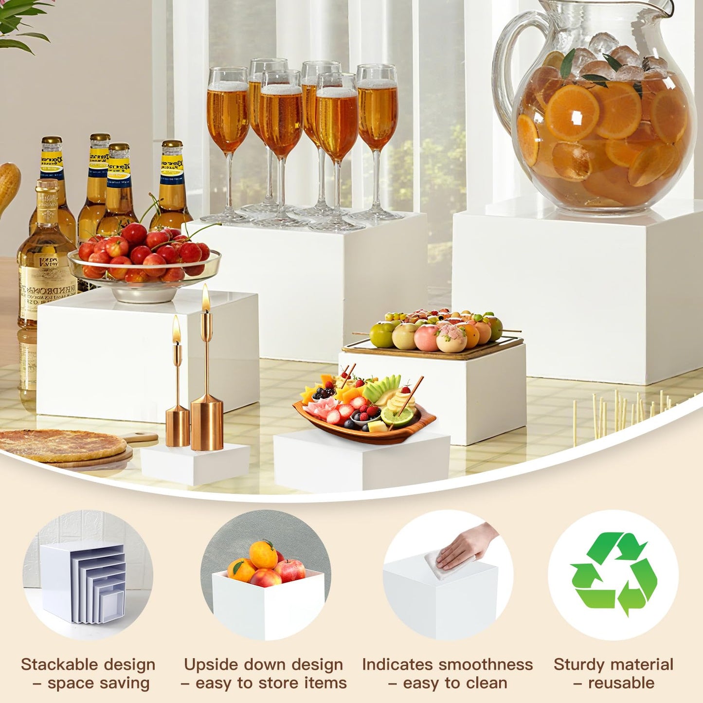 IBEQUEM Buffet Risers Set of 6, Acrylic Food Risers for Buffet Table, White Display Stand Set with Hollow Bottoms, Cube Boxes for Cake Catering Dessert Party (3",4",5", 6",7",8'') Christmas Gift