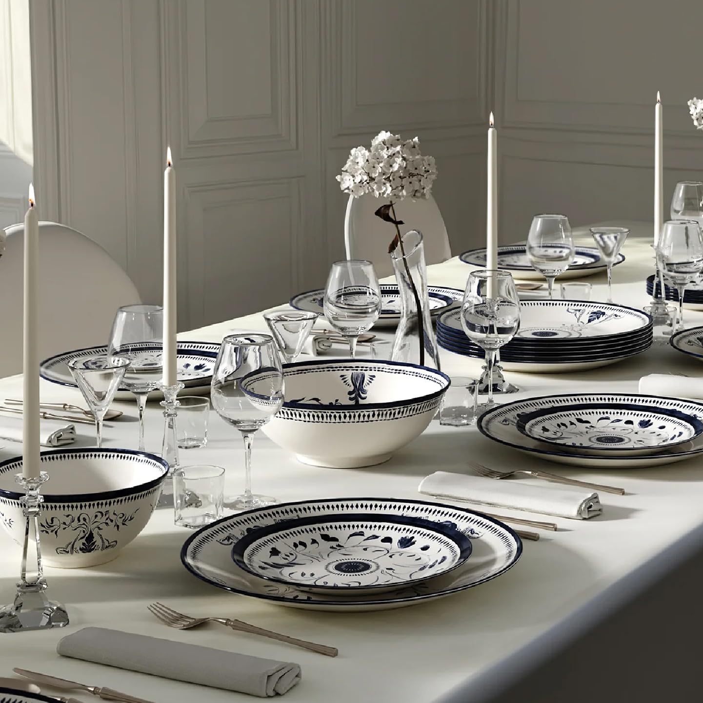 LEMIEUX ET CIE Bruges 4-Piece Bowl Set Porcelain, Bowls, Dishwasher and Microwave Safe, Dish Set for 4, Blue