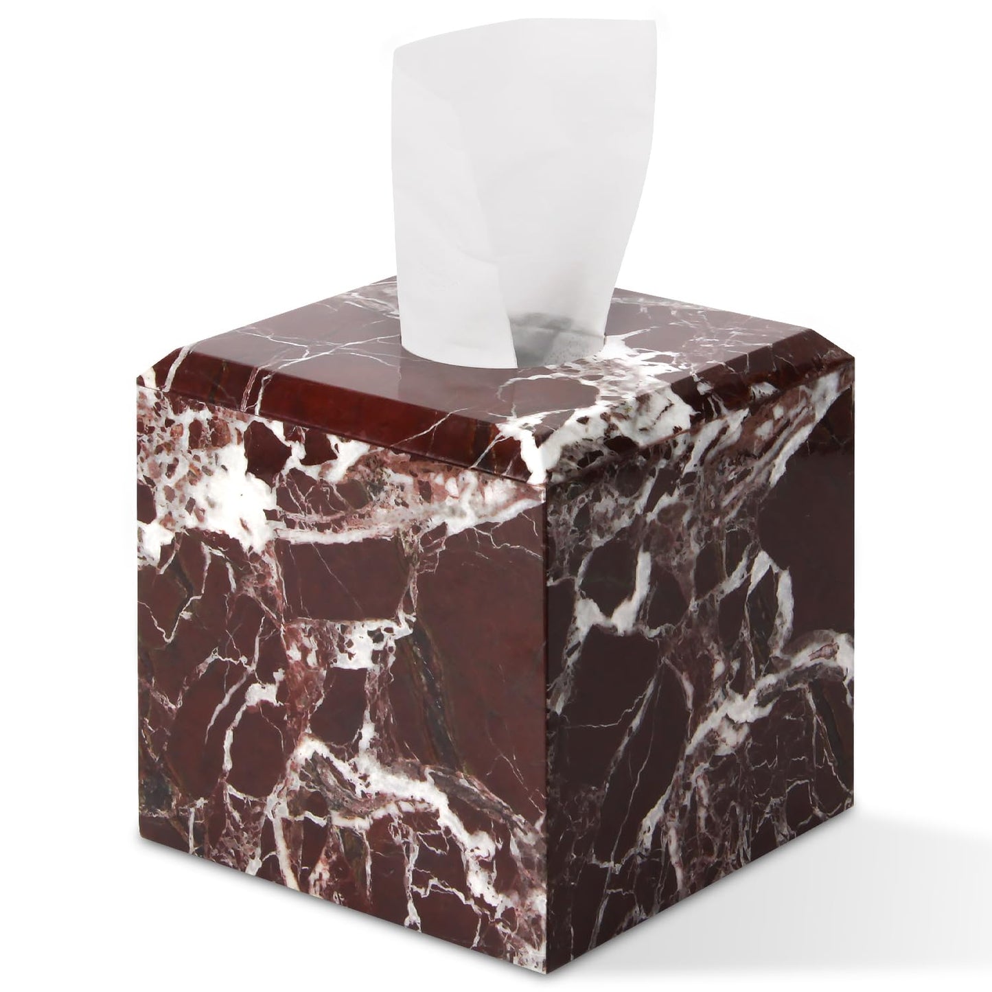 Natural Marble Square Tissue Box Cover ,Stone Modern Decorative Sturdy Napkin Box Holder Case,Facial Paper Organizer for Bathroom Vanity Toilet Countertop,Kitchen (1, Rosso Lepanto, 5.71*5.71*5.51)