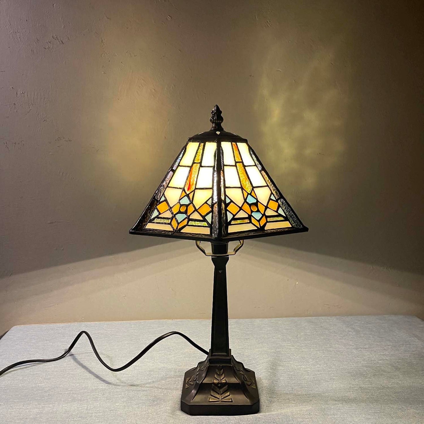 Bieye L10791 Mission Style Table Lamp Tiffany Stained Glass Night Light with Hexagonal Cone Lampshade, 10" W x 16" H