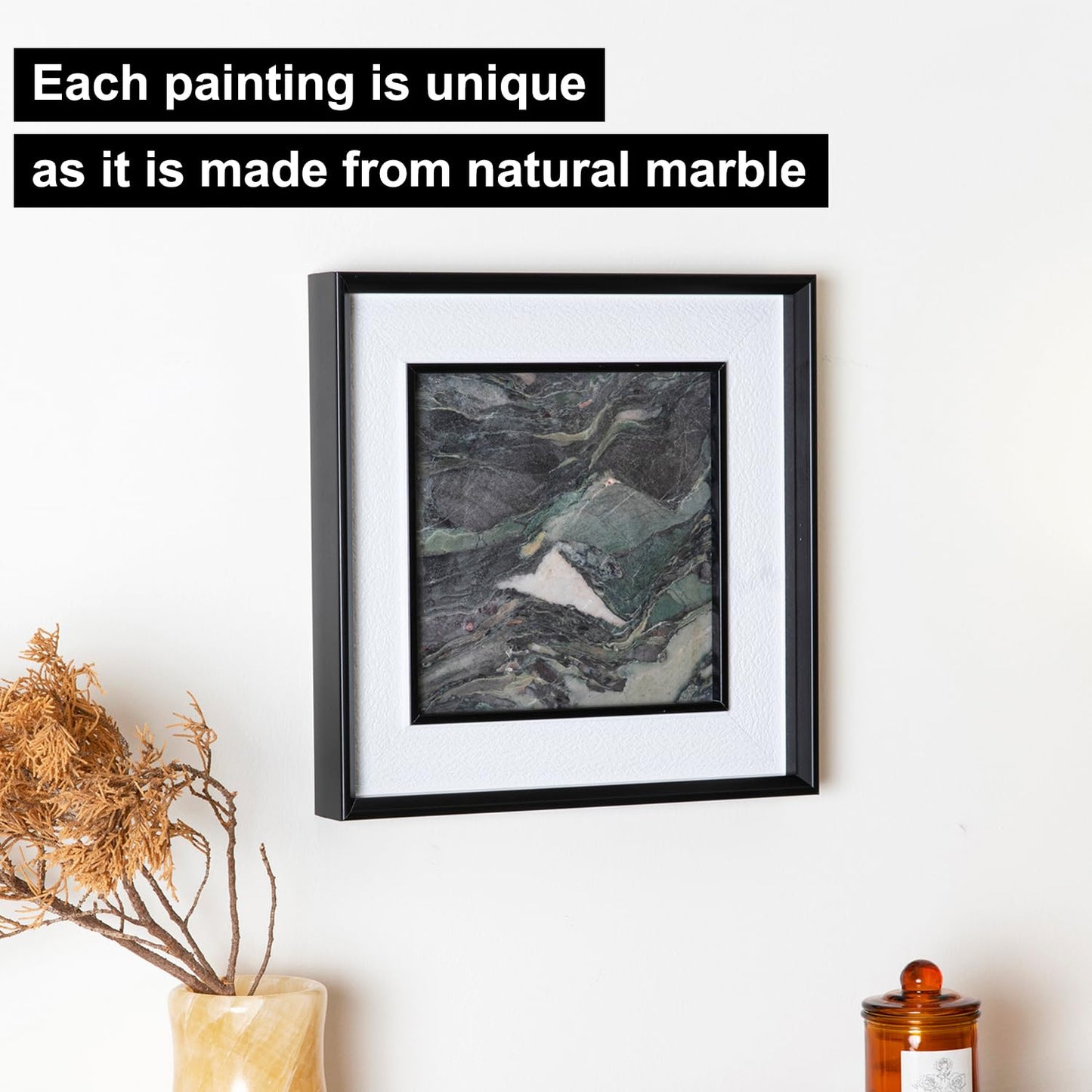 Natural Marble Decorative Wall Art Home Decor for Bedroom Hand Made Abstract Lithographic Painting Living Room Aesthetic for Classroom Farmhouse Heavy Texture Picture Frames 10x10 inch Rural Green
