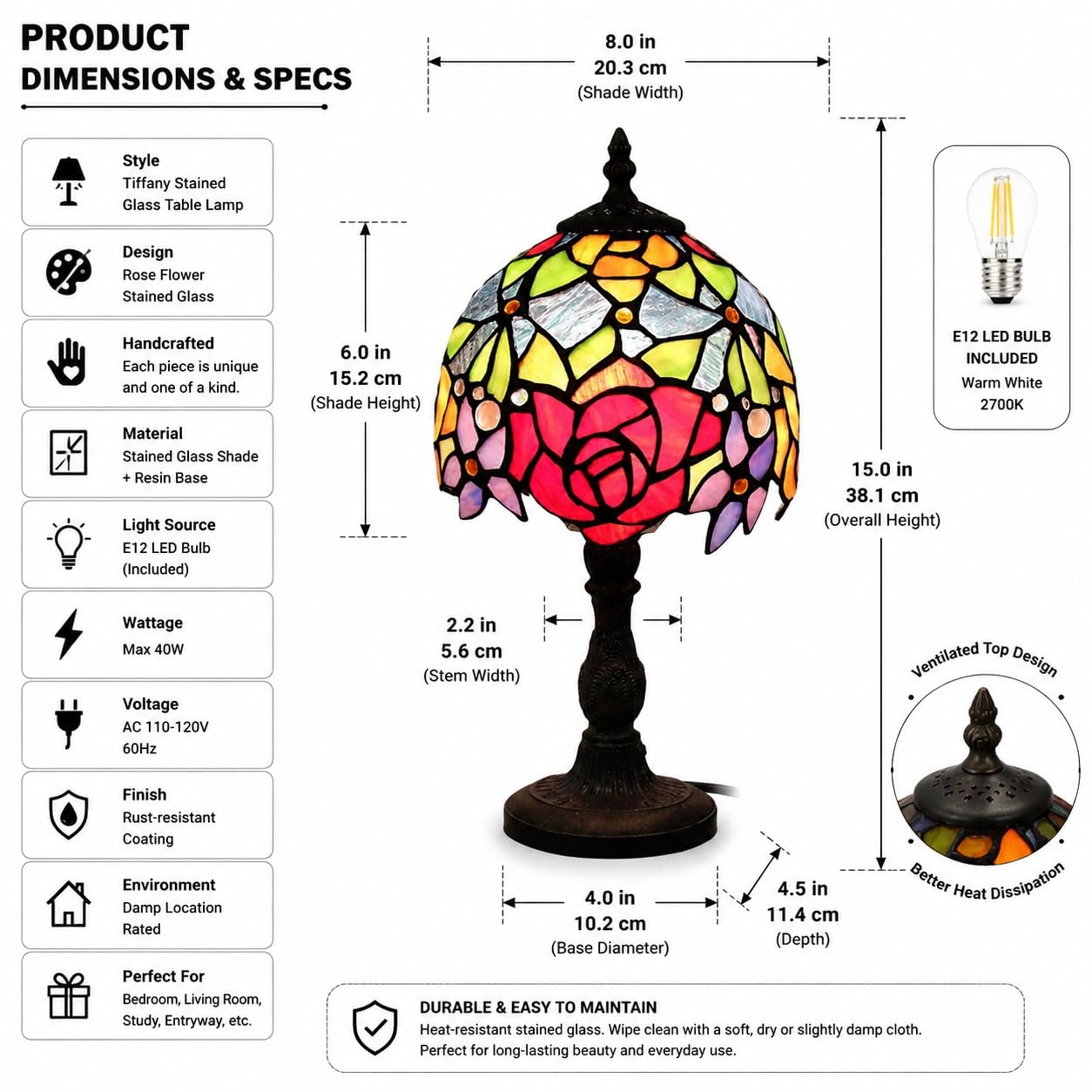 YINIETZSCHE Tiffany Style Table Lamp 8 Inch, Handmade Stained Glass Rose Shade Desk Lamp, Vintage Art Deco Bedroom Nightstand Light with Resin Base, Includes Warm Light Bulb