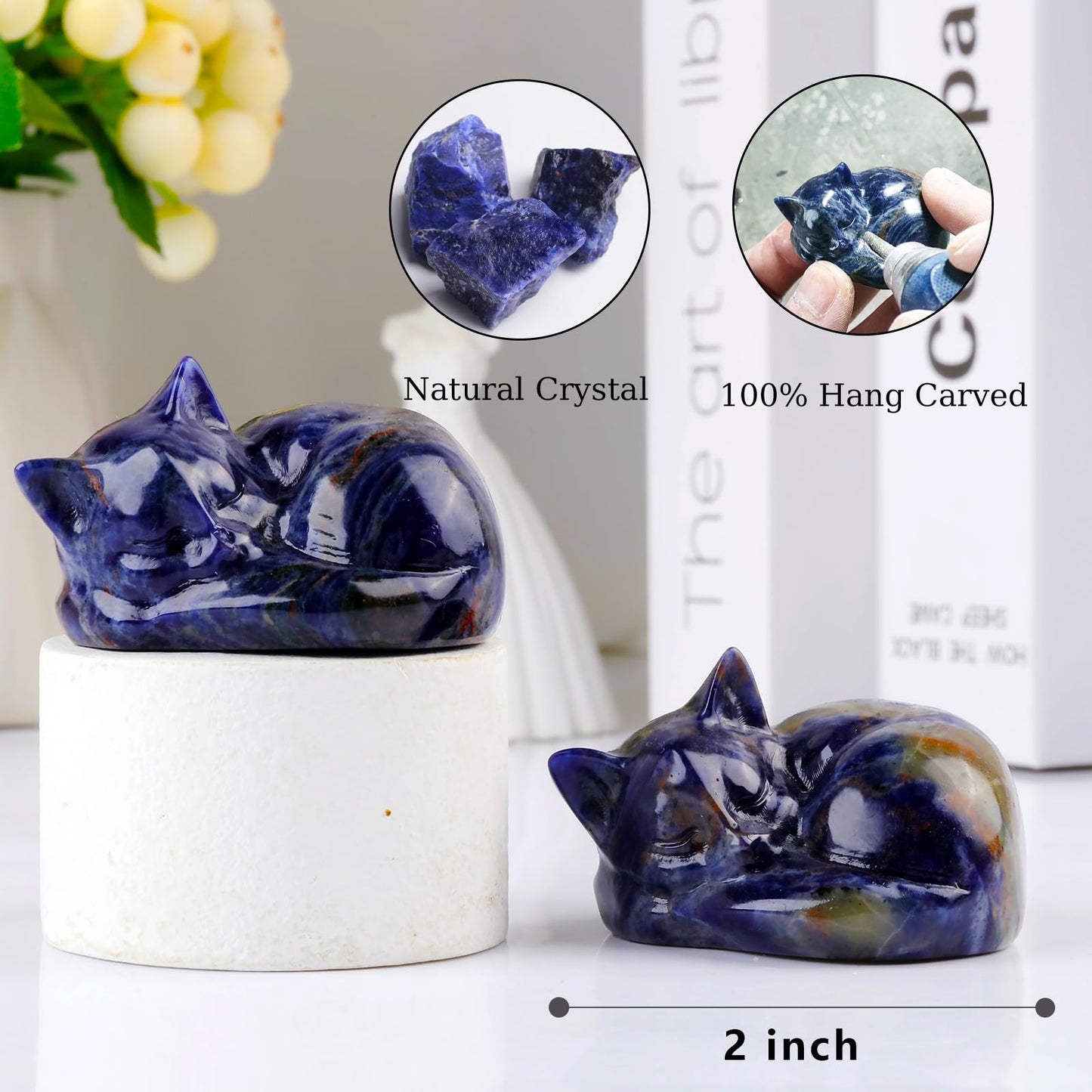 Ytbeoxk Crystal Cat Figurine, 2" Blue Sodalite Sleeping Cat Statue