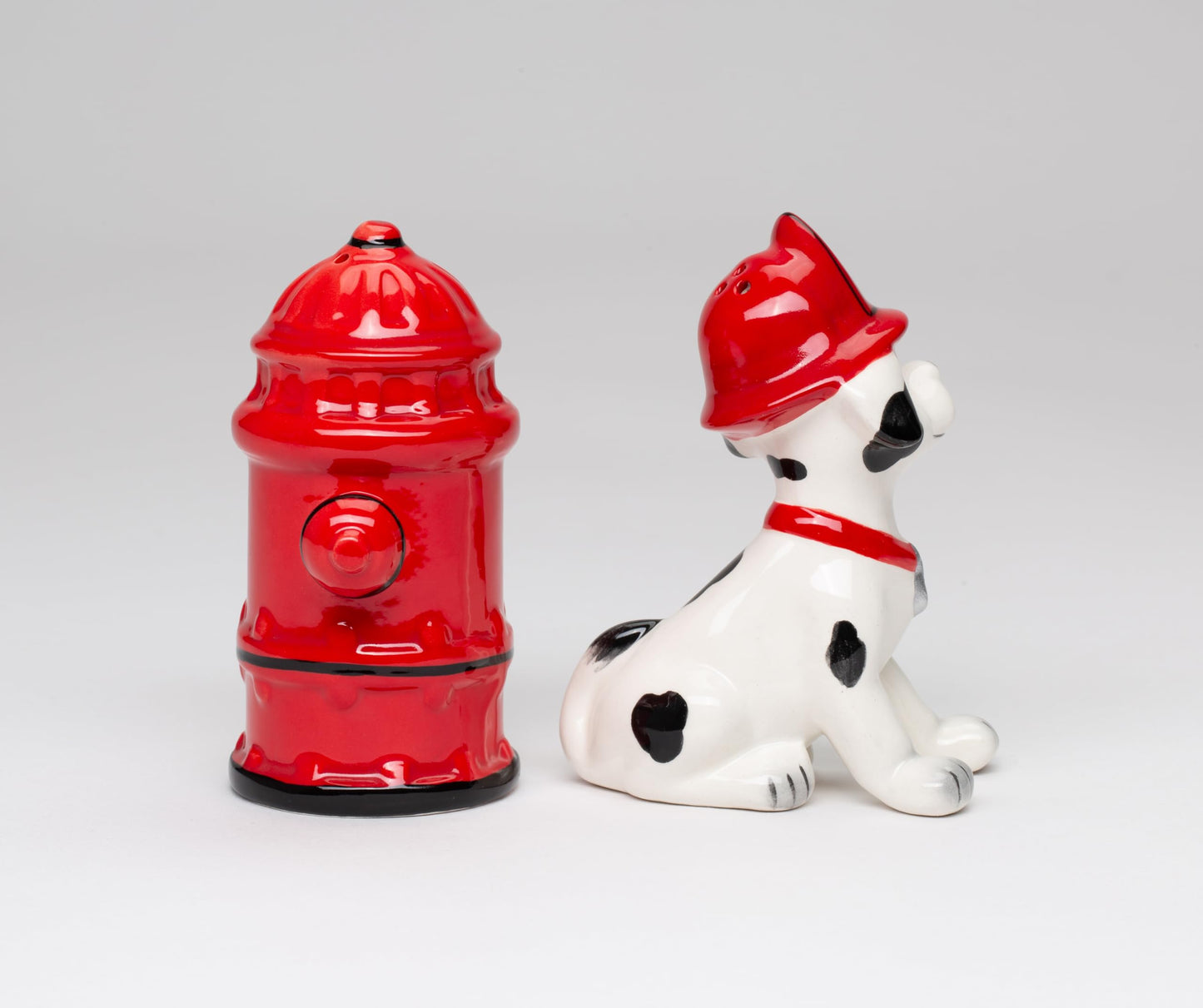 Cosmos Gifts 50158 Fine Ceramic Red Fire Hydrant and Dalmatian Firefighter Puppy Dog Salt and Pepper Shakers, 4" H