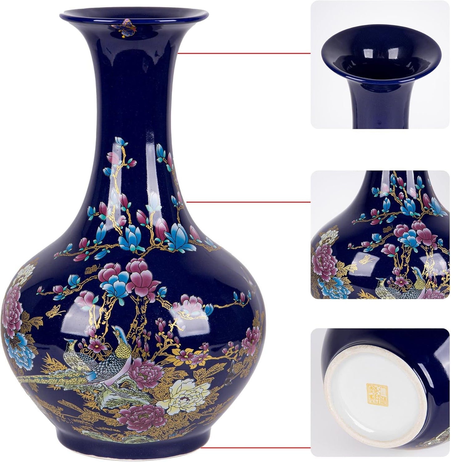 SILINE 14” Large Gorgeous Porcelain Vase,Jingdezhen Art Decor Big Vase,China Handmade Ceramic Flower Bottle -Blue
