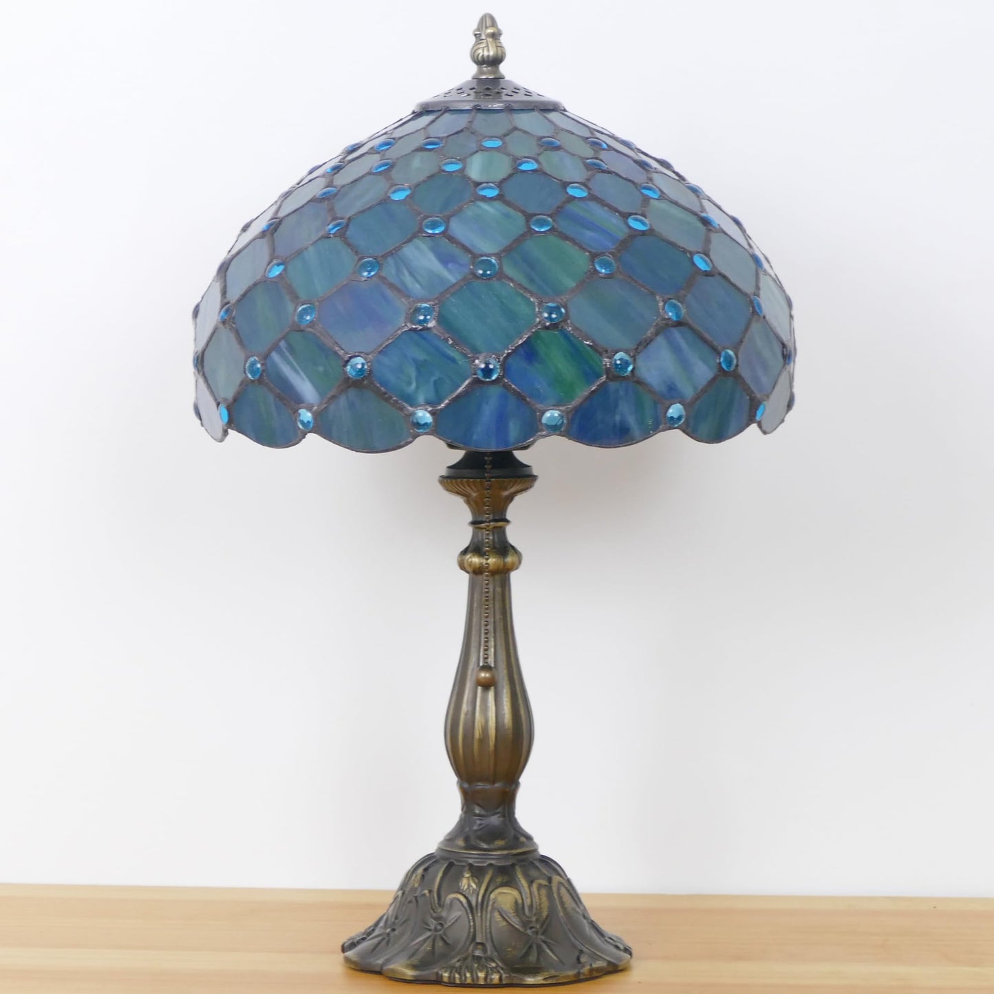 WFAYNTIFL Tiffany Table Lamp Stained Glass Sea Blue Pearl Style W12H19 Inch