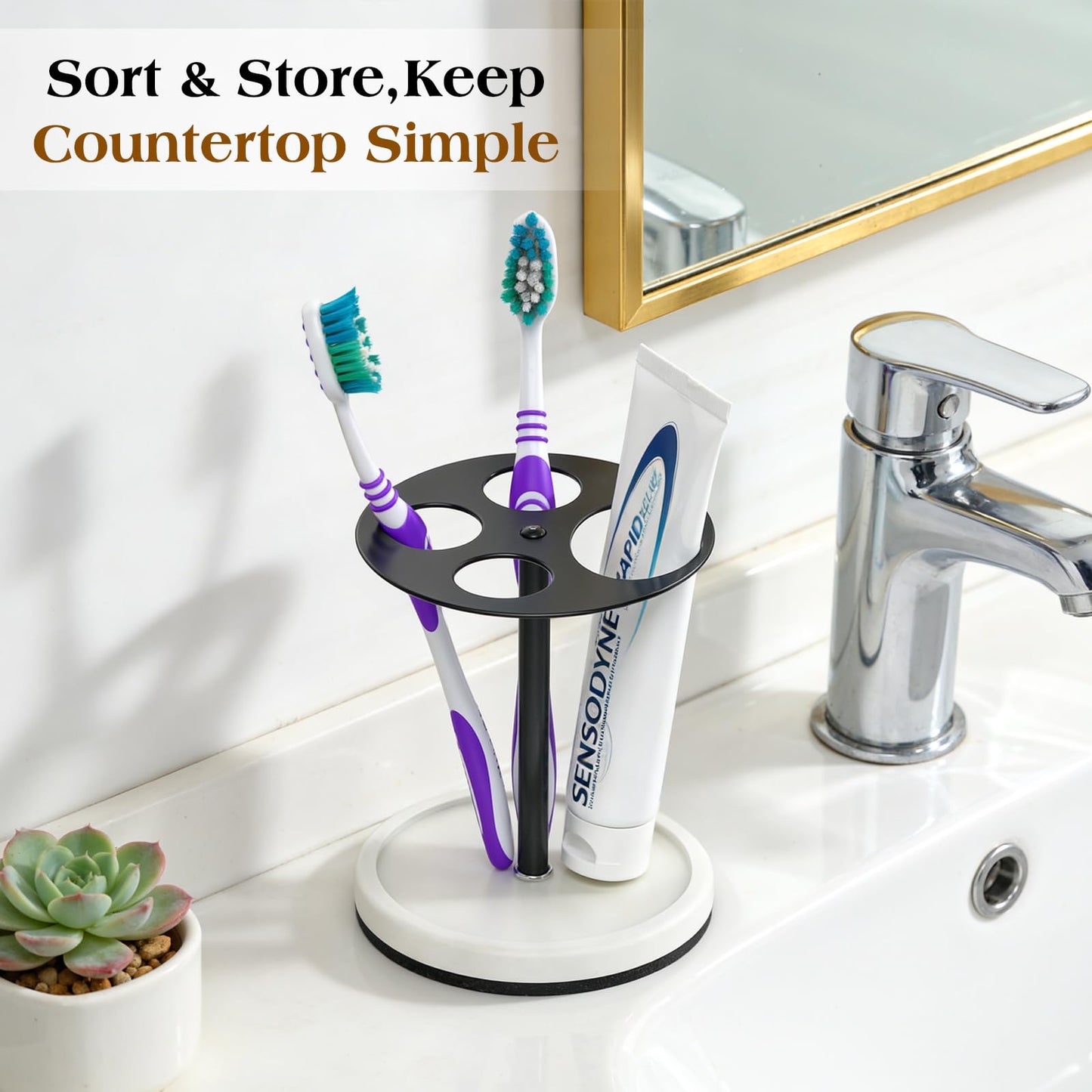 Luxspire Toothbrush Holder Stand 5 Slots, Stainless Steel Tooth Brush Holder with Diatomaceous Earth Base, Tooth Brush Holder for Bathroom, Home, Hotel Countertop Vanity, Matte Black