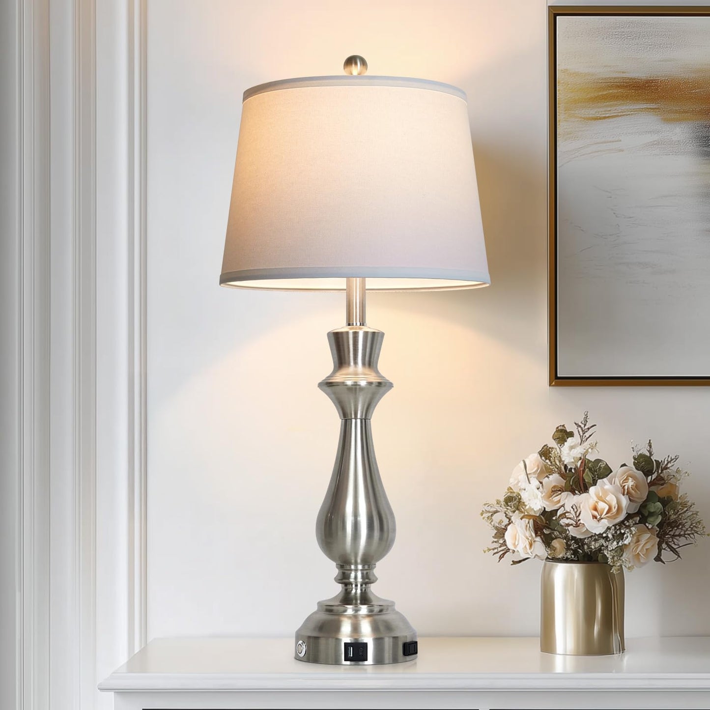 Cinkeda Silver Touch Lamps for Night Stand - 29.5" Tall Bedside Lamp with USB C+A, 3 Way Dimmable Bedroom Lamps, Brushed Nickel Table Lamps for Living Room,Single Silver