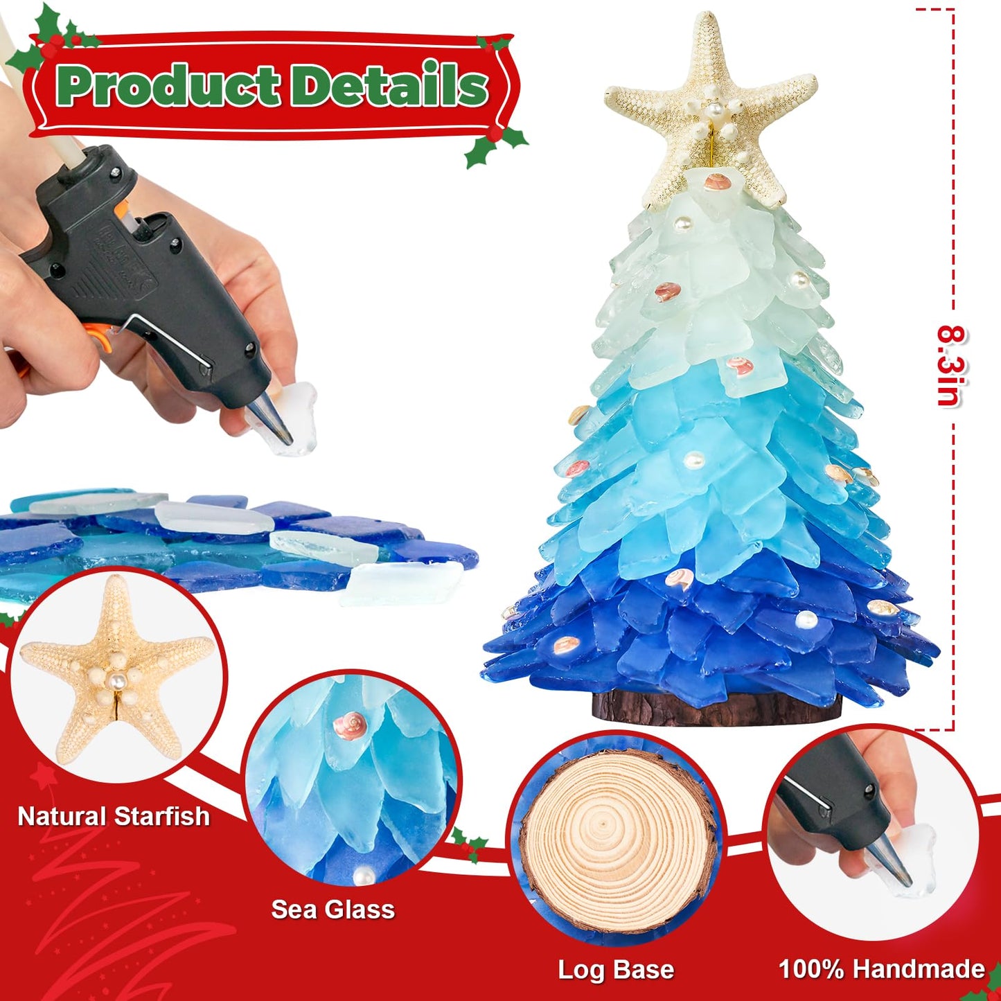 Sea Glass Christmas Tree - Handcrafted Mini Christmas Tree, Table Centerpiece - Ideal for Christmas, New Year, Home Decor, Coastal Holiday Decor and More (Blue Gradient)