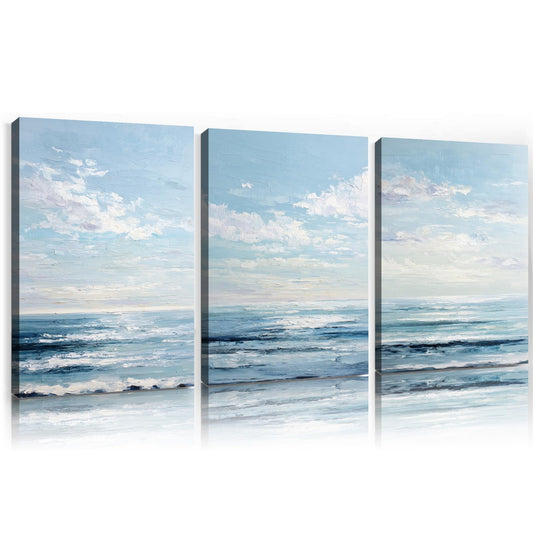 Blue White Pictures Coastal Landscape Posters Blue Gray Abstract Wall Art Modern Seascape Pictures Ocean Skyline Poster Abstract Modern Artwork Minimalist Ocean Wall Art for Bedroom 16x24inx3 No Frame