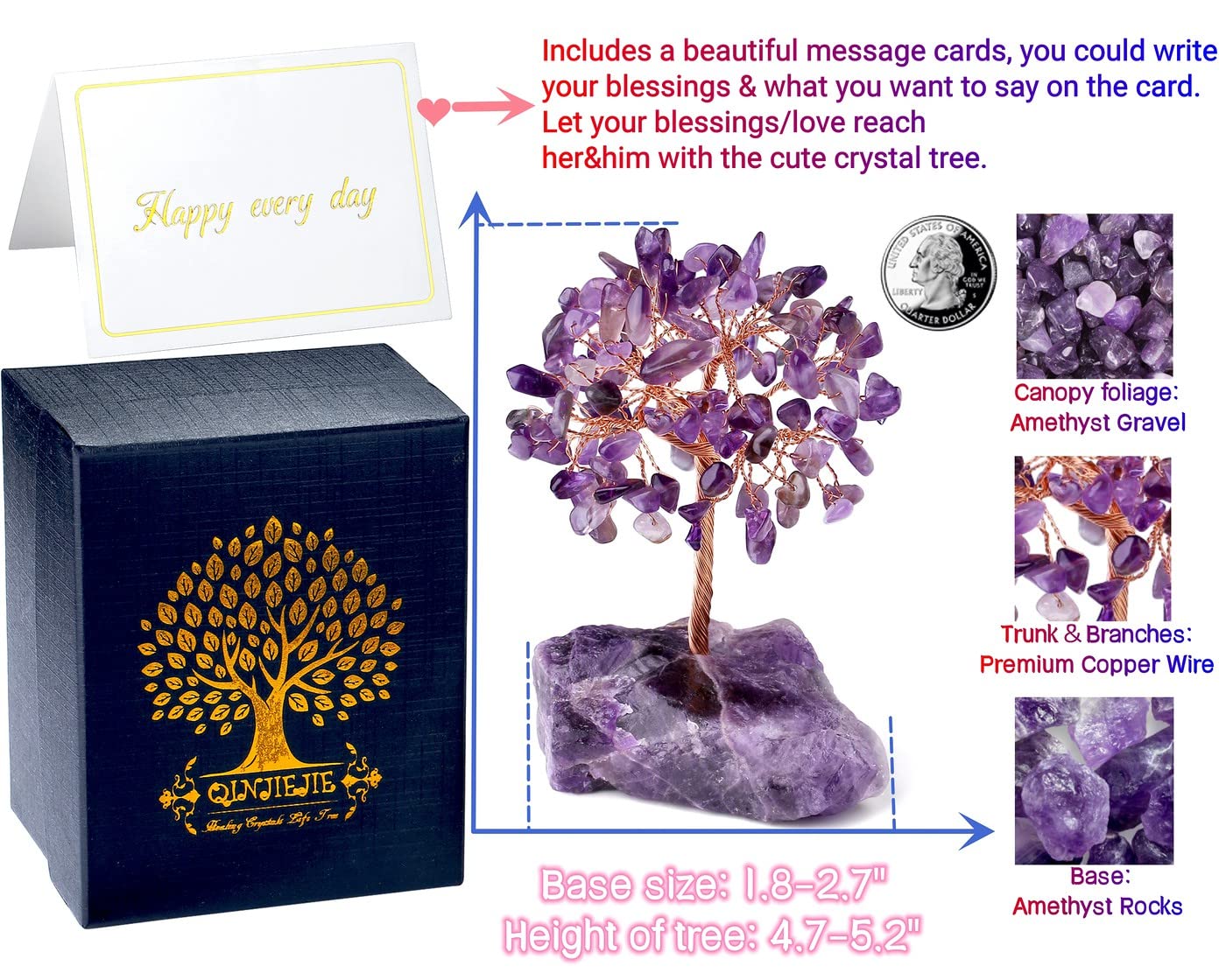 QINJIEJIE Bundle of Amethyst Crystal Tree and Guardian Angel Gemstone Decor Statue Polished Crystal Natural Reiki Gemstone Tree Life Stone Base Copper Wire Office Desk Room Home Decor Gift