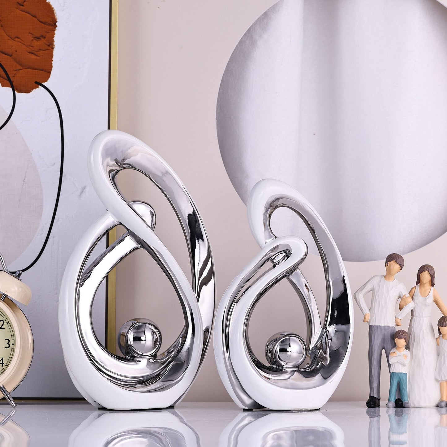 Home Decor Accent,Porcelain Art Mid Century Bookshelf Decorations,Gold Centerpieces for Tables,Abstract Ceramic Statue Sculpture for Coffee Table Mantel Tv Stand Centerpieces (White Silver, Large)