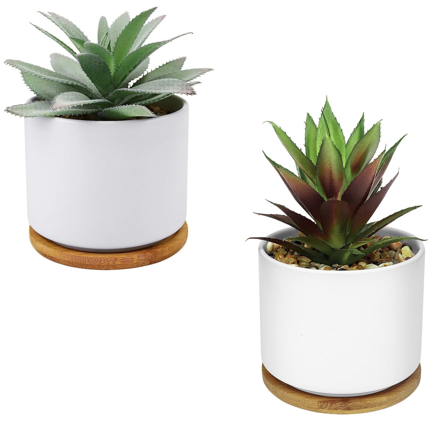 Hopewood Cute Indoor Decor Plants, Artificial Succulent Plants in Ceramic Pots with Bamboo Tray, Faux Potted Plants