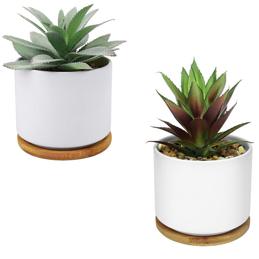 Hopewood Cute Indoor Decor Plants, Artificial Succulent Plants in Ceramic Pots with Bamboo Tray, Faux Potted Plants