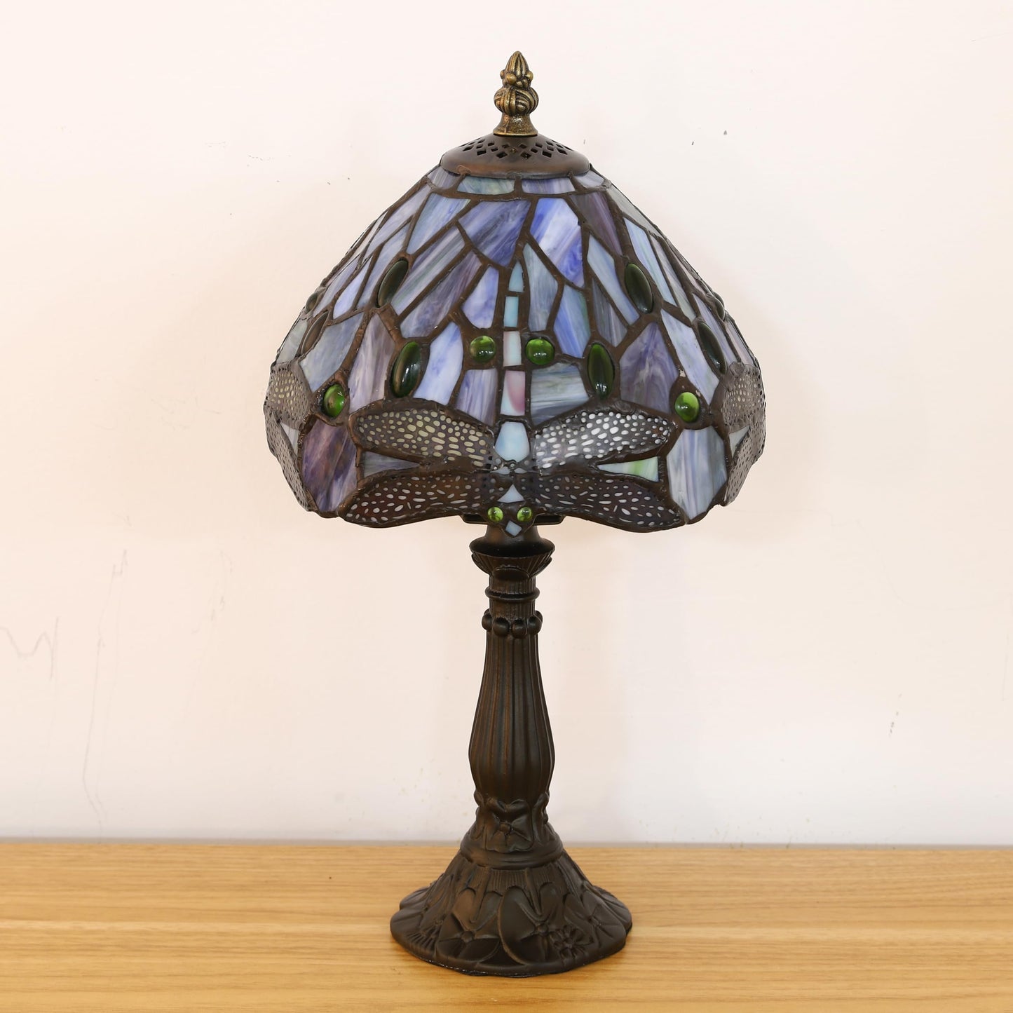 FUMAT Tiffany Small Table Lamp Blue Dragonfly Hand-Made Stained Glass Table Lamps for Bedroom 8.5X8.5X15 Inch Night Light Bedside Nightstand Home Office Desk Lamp W/ E12 LED Bulb
