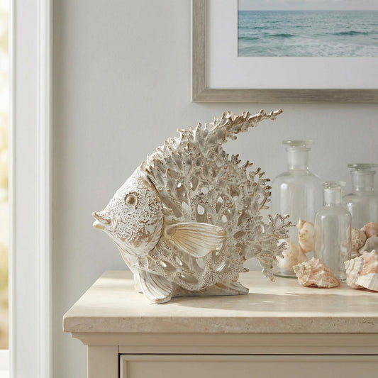 BGBWBFBR Coral Reef Angelfish Statue Coastal Beach Decor Ocean Nautical Figurine for Bathroom Home Office Tabletop Shelf 10in x 9.8 in Pearlescent Dusty Lavender Gray Fish Sculpture