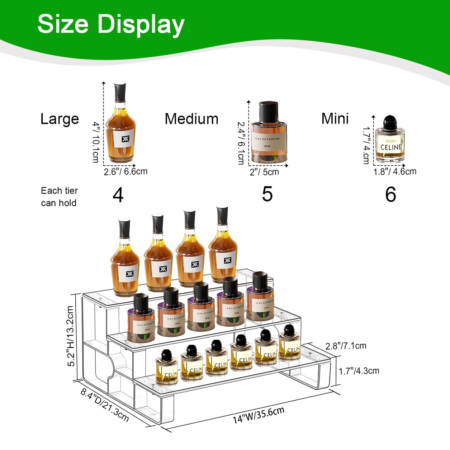USHARP Perfume Organizer Stand,Cologne Organizer for men,3 Tier Acrylic Display Risers, Cupcake Stand Holder, Large Shelf Risers Decoration for Figures, Dessert Shelves for Party (Clear, 3 Tiers-14“)