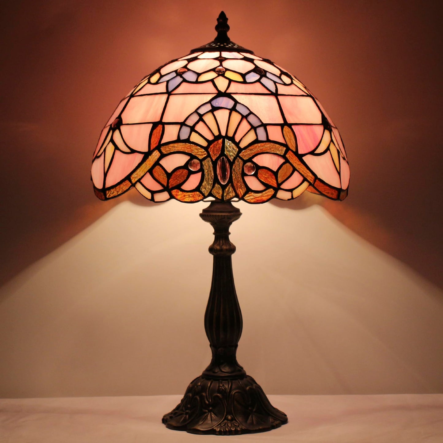 L-Juicwe Tiffany Lamp Touch Control Table Lamp Pink Stained Glass Desk Lamp 12X12X19 Inches Baroque Style Reading Light