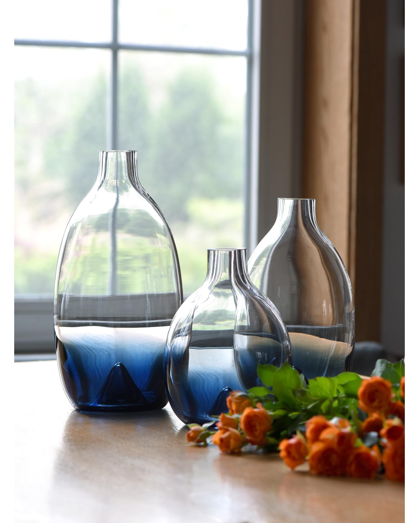 CONVIVA Glass Vase Set Modern Blue Glass Flower vases Decorative Large Home Decor Living Room Dinning Table,Wedding Party Event Tall Tabletop Set of 3