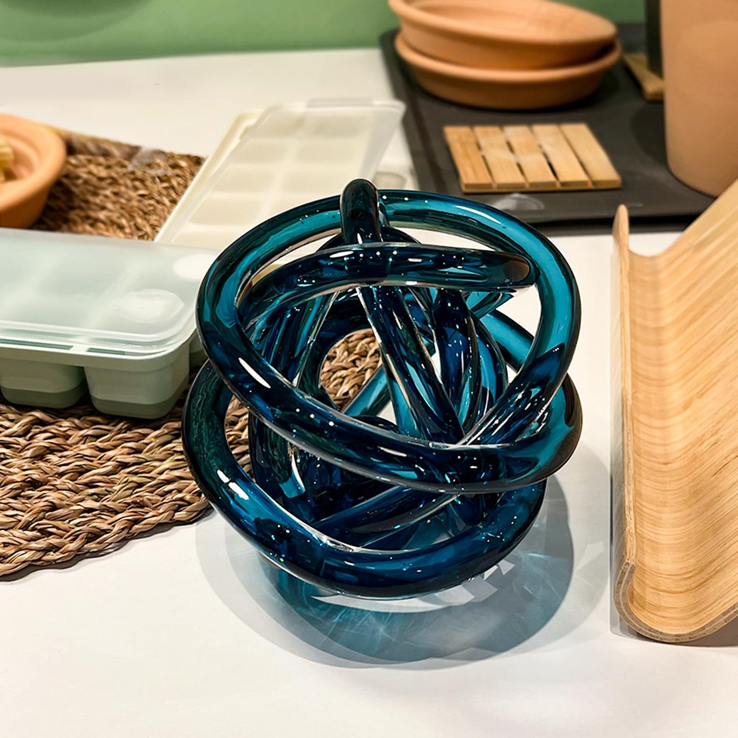 ORRFIDDY Glass Knot Teal Decor Ball - 5 Inch Hand Blown Infinity Sculpture Orbit Home Decor Table Decoration Interio Art