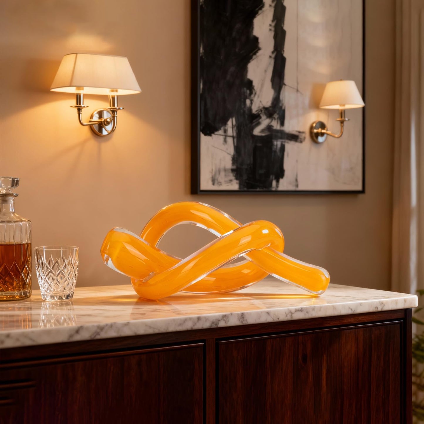 LCCCK Yellow Abstract Glass Knot Sculpture, Hand Blown Glass Decor for Coffee Table TV Cabinet, Shelf or Mantel Accent, Modern Knot Art for Coastal Living Room Tabletop Knick Knacks