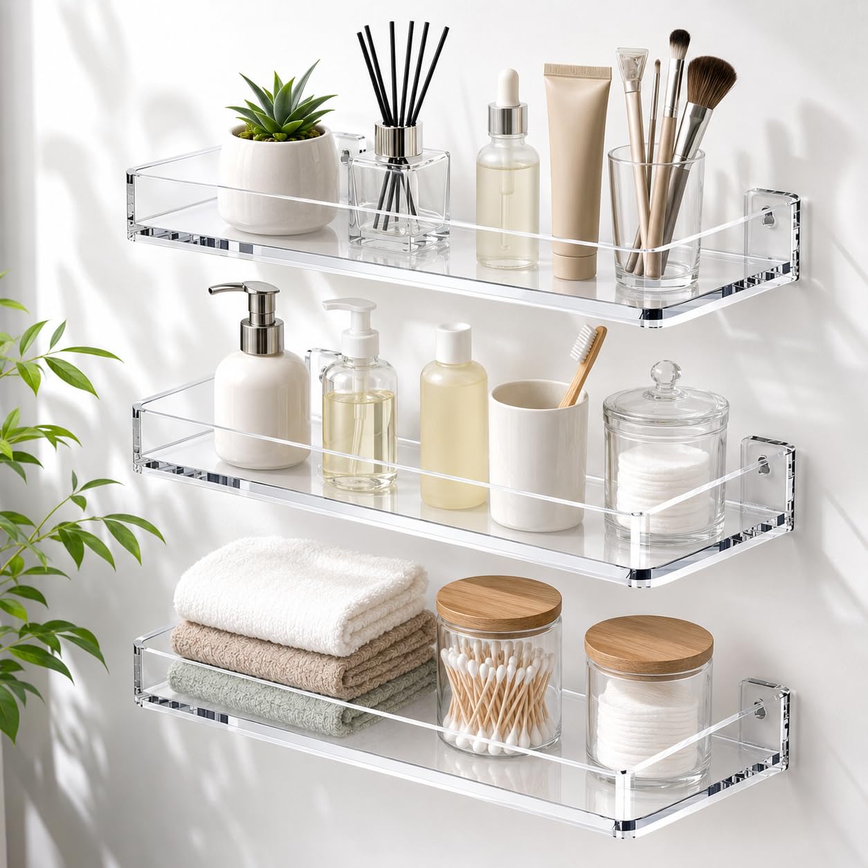 MaxGear Acrylic Clear Floating Shelves with Edge, Wall Mounted Hanging Bookshelves, Decorative Display Wall Shelves Storage Organizer for Bathroom, Bedroom, Kitchen, Easy Installation, Set of 3