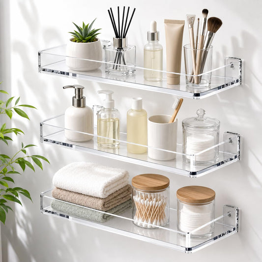 MaxGear Acrylic Clear Floating Shelves with Edge, Wall Mounted Hanging Bookshelves, Decorative Display Wall Shelves Storage Organizer for Bathroom, Bedroom, Kitchen, Easy Installation, Set of 3