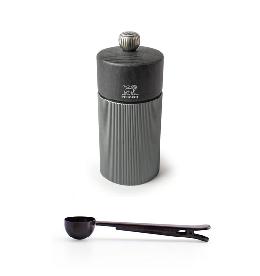 Peugeot Line Manual Salt Mill Carbon Graphite Aluminum, 12 cm - 4.75" With Stainless Steel Spice Scoop/Bag Clip (Salt Mill w/Scoop)