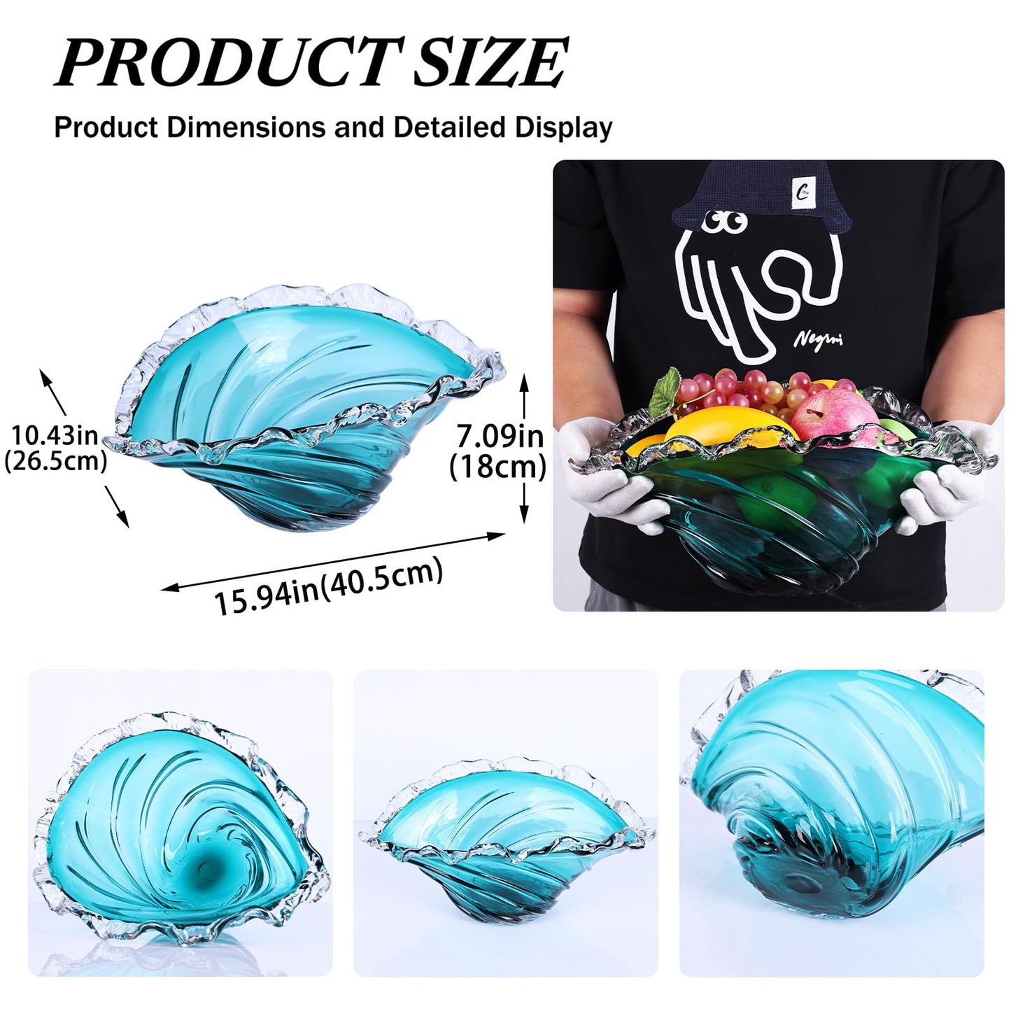 16in Fruit Bowl, Blue Glass Fruit Bowl - Hand-Blown Blown Glass Art Vortex Wave-Shaped Ruffled Rim Large Bowl, Crystal-Like Decorative Bowl for Home Decor, Centerpiece Bowl & Housewarming Gift