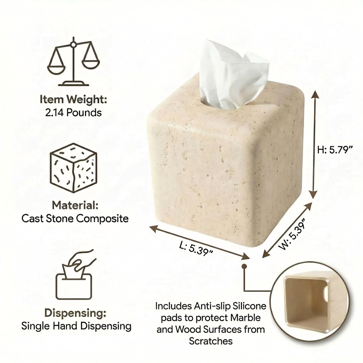 Weighted Travertine Stone Composite Tissue Box Cover Square with Anti-Slip Pads – Artisanal Stone Tissue Holder & Tissue Box Holder for Bathroom, Living Room & Office, Rounded Corners