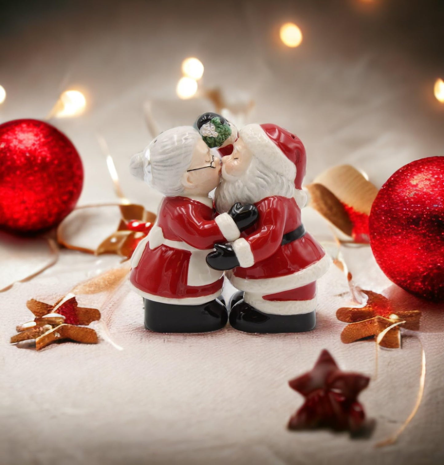 Fine Ceramic Kissing Santa & Mrs. Claus Under the Mistle Salt & Pepper Shakers Set, 3-3/8"