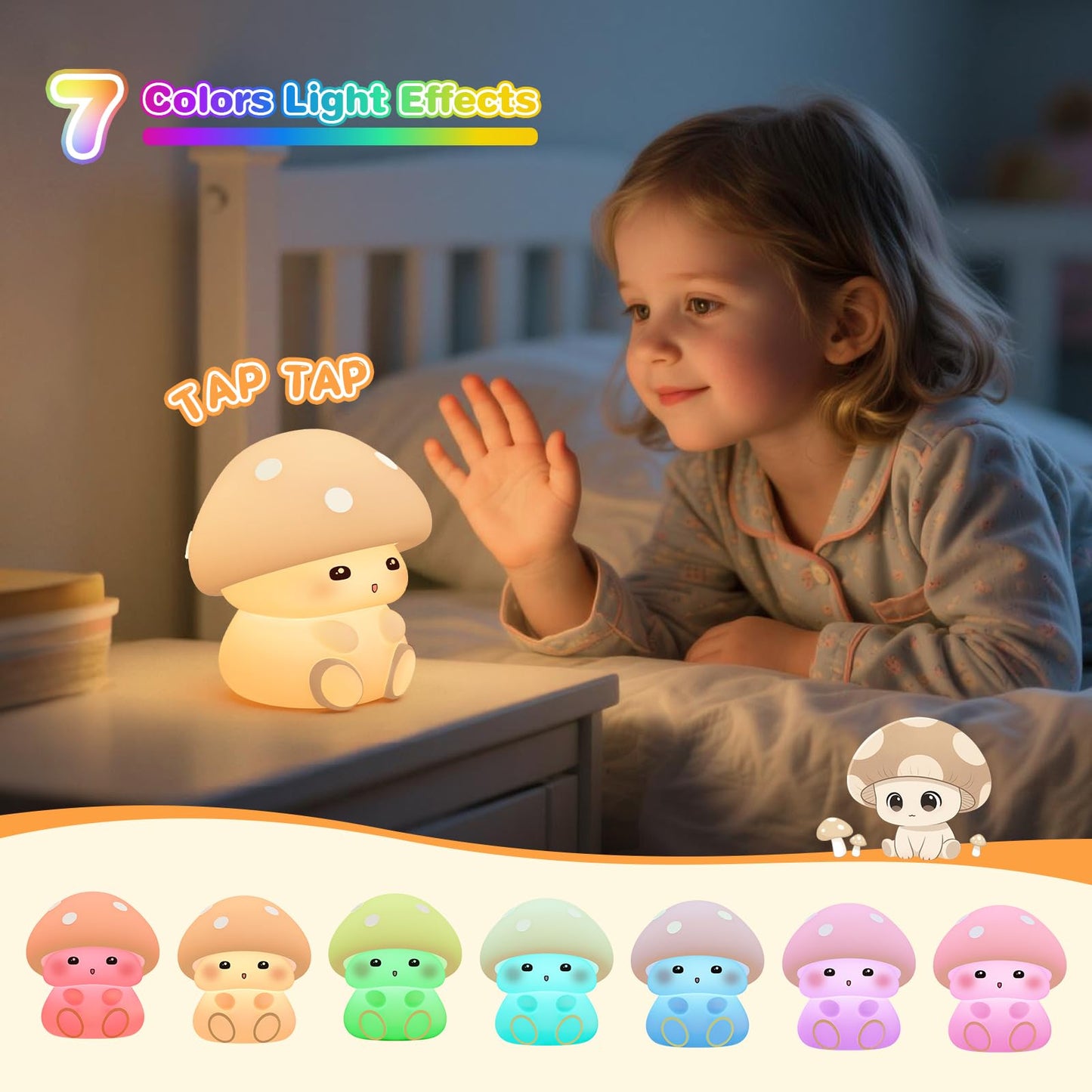 ICARER FAMILY Mushroom Night Light for Kids - Portable LED Nursery Lamp with Tap Control, 7 Color Changing, Dimmable Bedside Light for Baby Room, Toddler Birthday Gift
