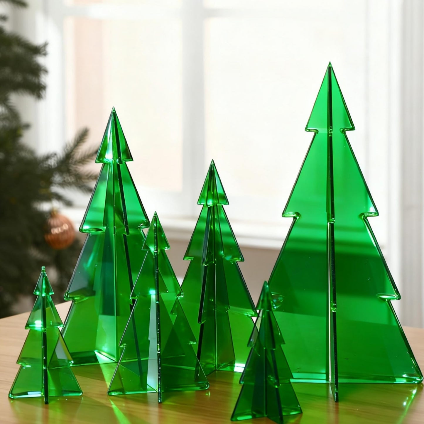 DoubleFill 6 Pcs Christmas in July Acrylic Tree Centerpieces, 4" to 10" 3D Mini Xmas Tree Tabletop Decoration Christmas in July Decorations for Office Home Modern Party Winter Decor(Green)