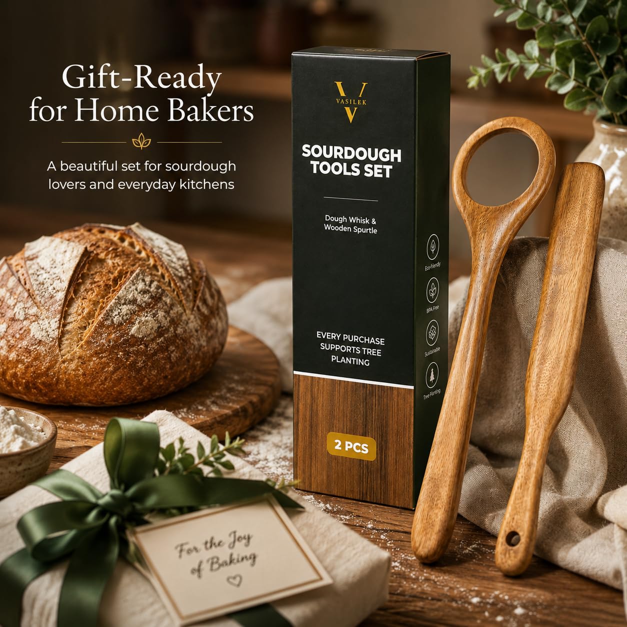 Wooden Dough Whisk & Spurtle Set, 2 Pcs Acacia Wood Sourdough Mixing Tools, Danish Dough Whisk Alternative, Nonstick Safe Stirring Stick for Bread, Batter, Sauce & Jar Mixing, 13 Inch