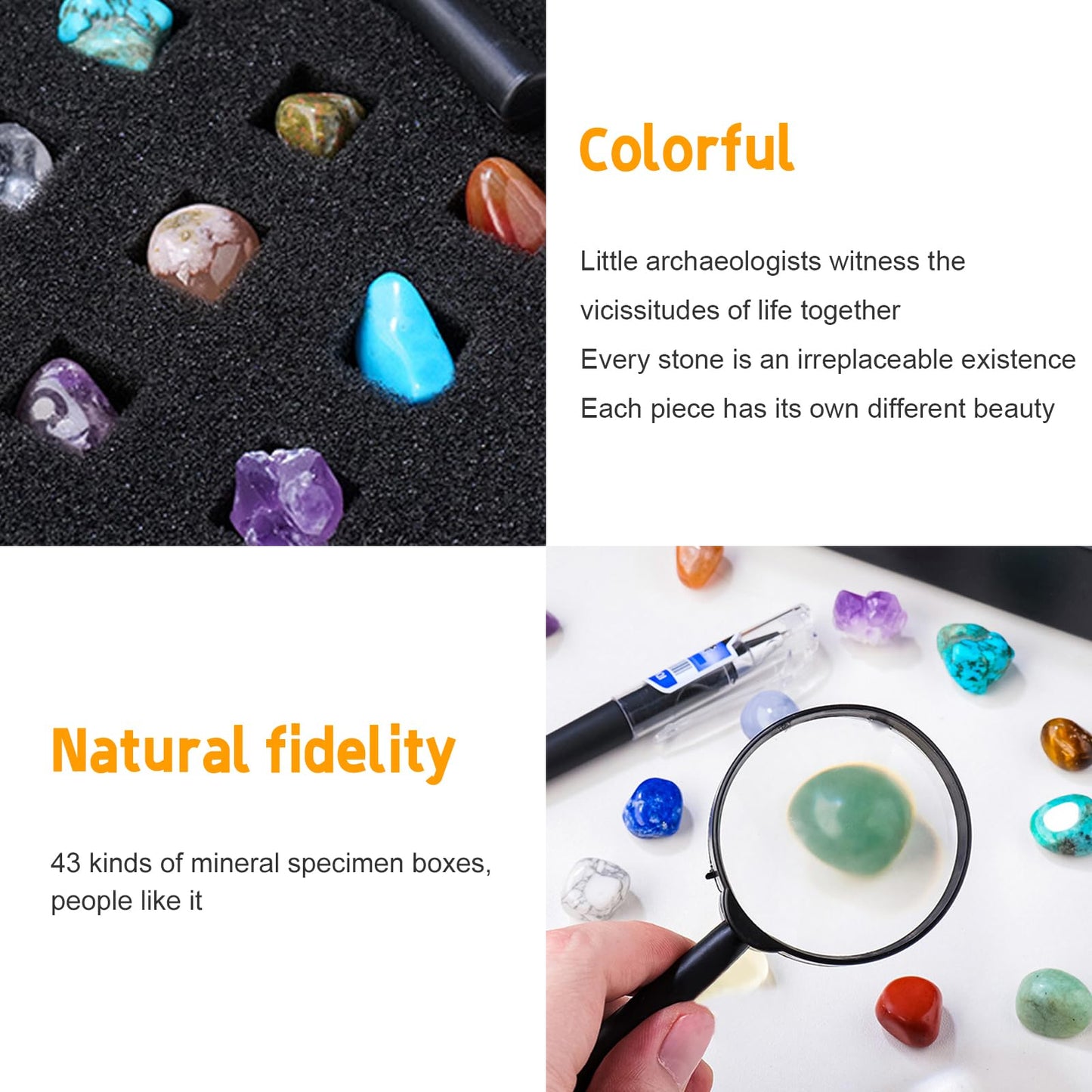 Vbvbip 43 Pieces Rock Kit for Geology Enthusiasts | Rock Collection with Mineral Testing Tools, Crystal Geode Display & Volcanic Samples | Beginner to Advanced Specimen Study
