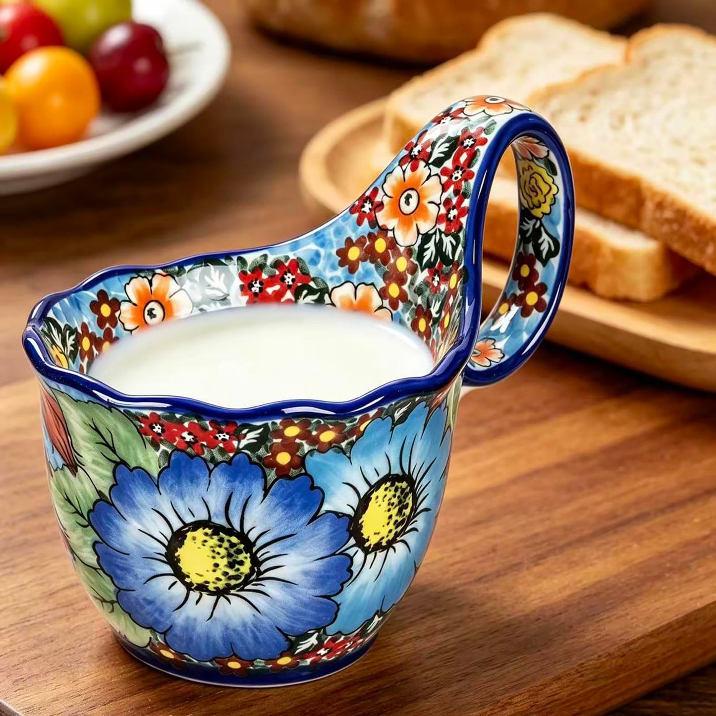 OZY Handpainted Soup Bowl with Handle,Ceramic Cereal Bowl Great for Soup, Ice cream, Fruits,Snack,Microwave &Dishwasher Safe (Dark Blue)
