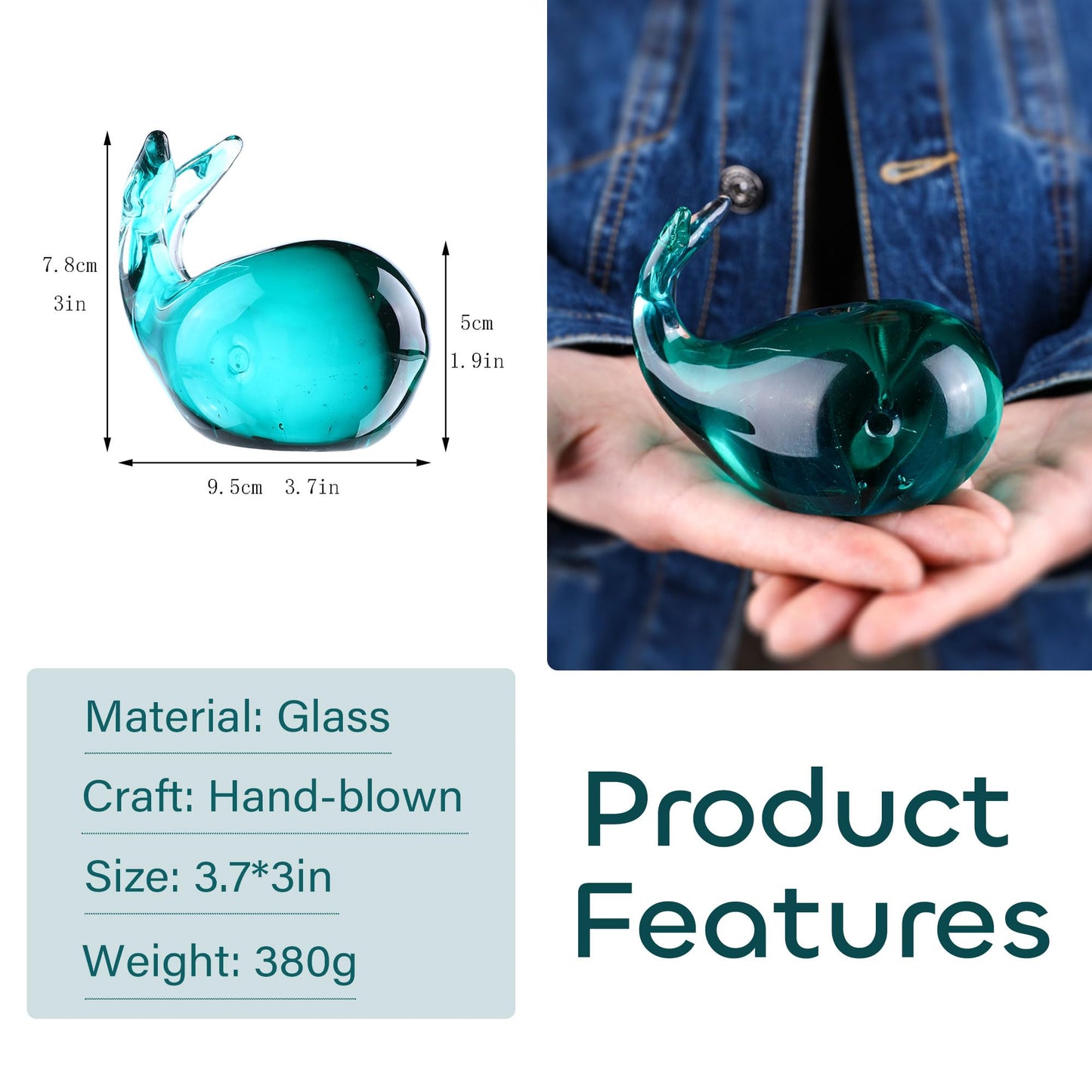 HDCRYSTALGIFTS Blown Glass Whale Figurine Collectibles 3.5'' Handmade Glass Sea Animal Paperweight Aquarium Decor Gift for Mom Women Ocean Lovers