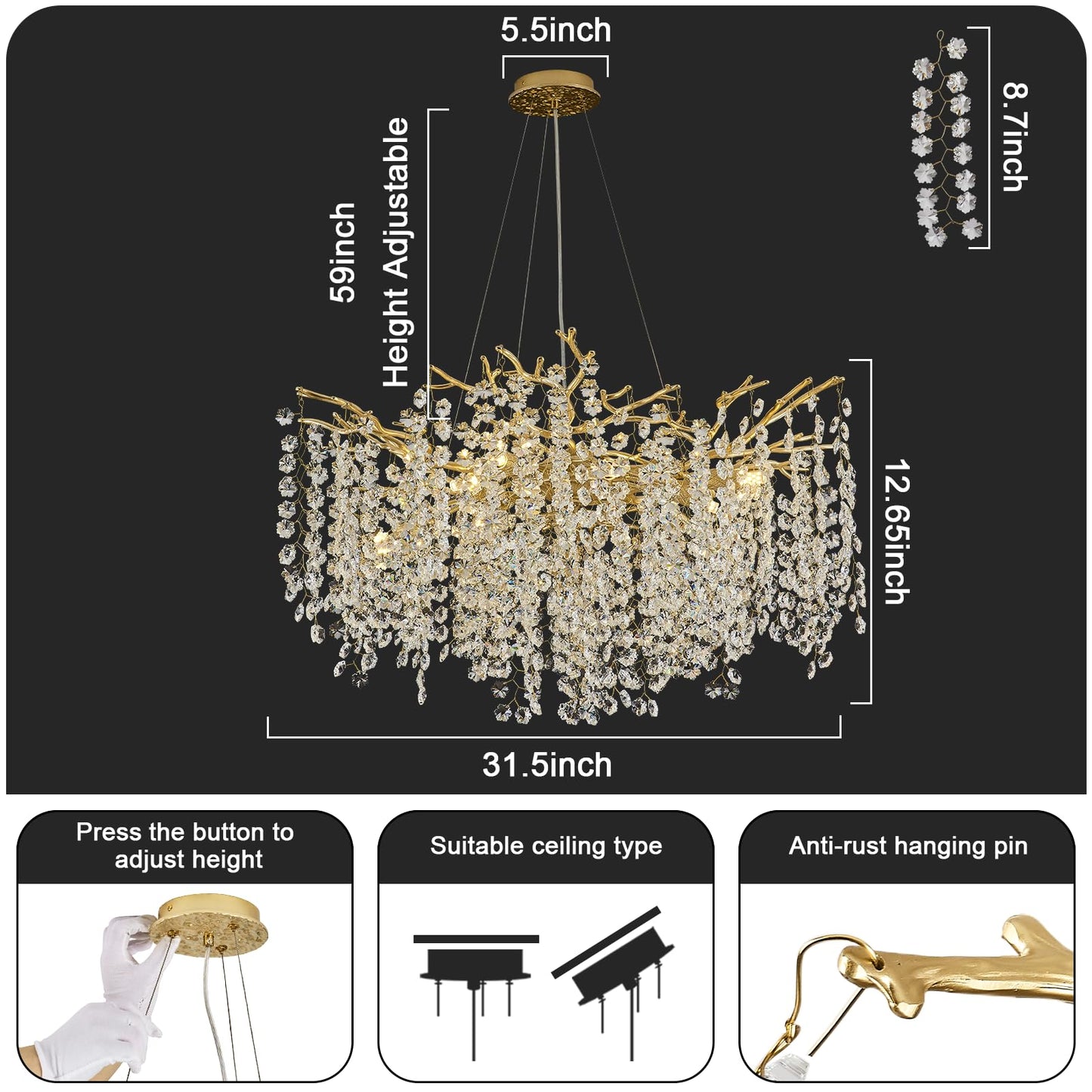 esianu Crystal Chandelier for Dining Room, D31.5 Gold Tree Branches Chandeliers, 10-Light Snowflakes Round Modern Chandeliers for Living Room Kitchen Foyer Luxury Adjustable Hanging Chandelier