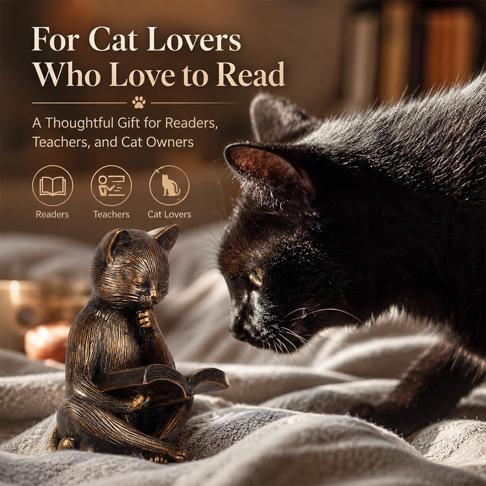 UANYEMON Reading Cat Figurine, 6.4-Inch Bronze-Finish Resin Cat Statue