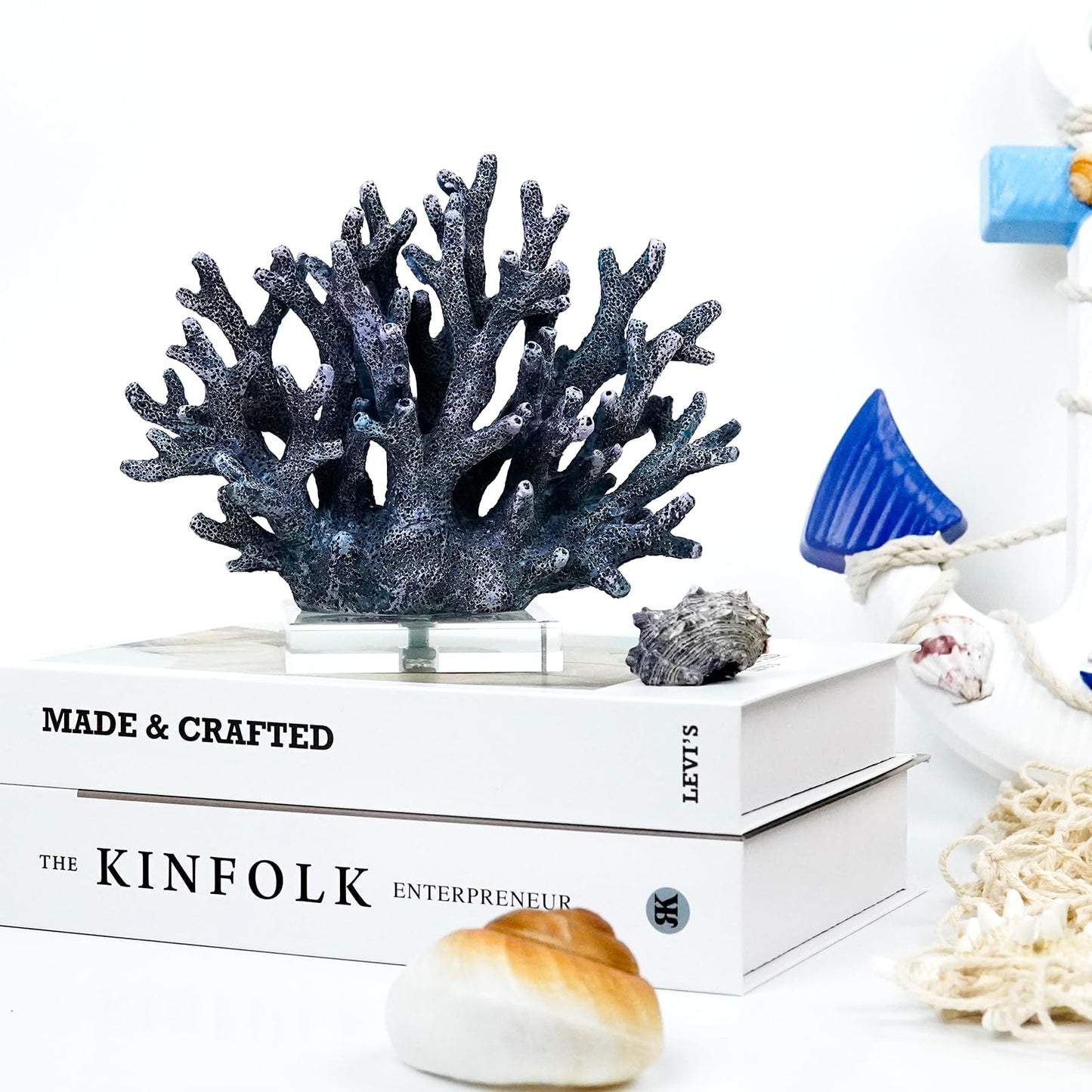 vlinlvo Coral Reef Beach Decor,6.3'' High x 7.5'' Width Artificial Resin Coral Reef Statue for Ocean Coastal Beach Nautical Themed Room Bathroom Decor for Home,RB1001B,Blue