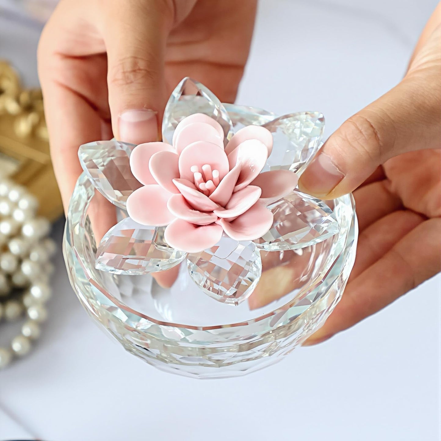Dounx Crystal Jewelry Box for Women, Small Glass Trinket Jar with Lid, Clear Lotus Flower Storage Holder Elegant Organizer Dish for Ring, Earrings, Necklace, Gift (Pink Flower)