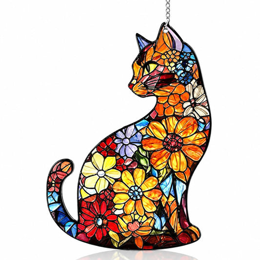 Floral Cat Stained Glass Suncatcher, Colorful Hanging Sun Catcher Window Ornament, Real Glass Home Decor for Indoor Windows, Cat Lover Gifts for Women Mom